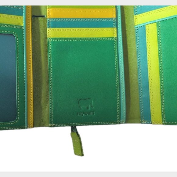 Italian Mywalit Tri-Fold Leather Wallet Coin Pouch Green Yellow Elephant Logo - Picture 3 of 8